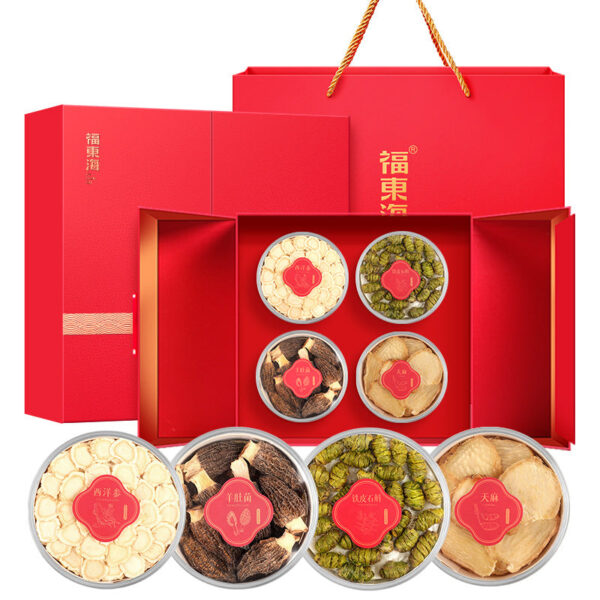 Fudonghai American Ginseng Dendrobium officinale Morchella Gastrodia Gastrodia Gastrodia Four Pins New Year's Shopping Festival Nourishing Gift Box 210g Wholesale