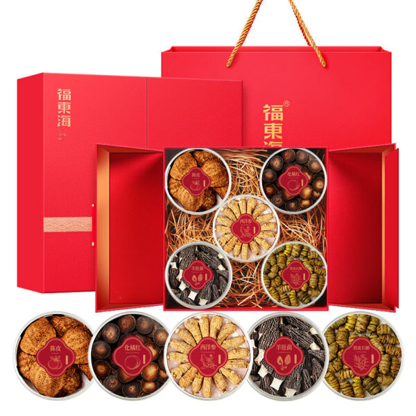 Fudonghai tangerine peel orange red American ginseng morels Dendrobium officinale five pieces gift box 285g splendid national style New Year gift