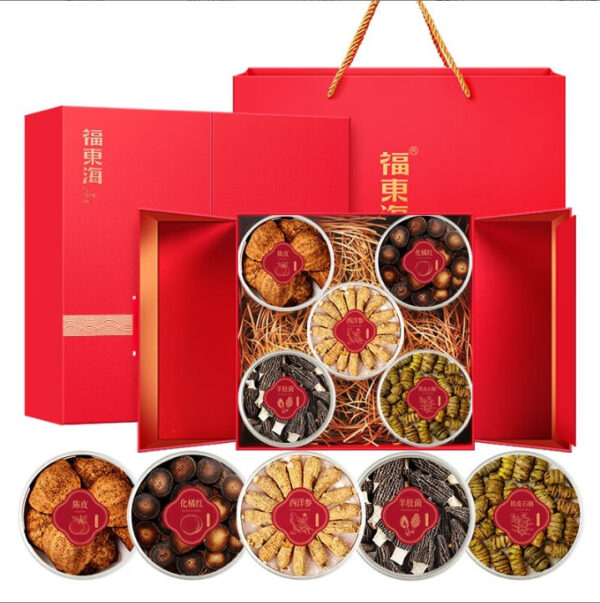 Fudonghai tangerine peel orange red American ginseng morels Dendrobium officinale five pieces gift box 285g splendid national style New Year gift - Image 6